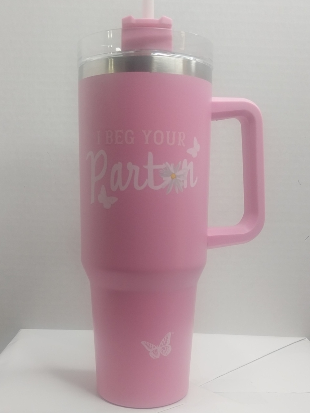 Dolly Pink Insulated Travel Mug with Handle - 'I Beg Your Pardon' 40oz